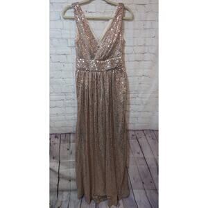 Kate Kasin Champagne Sequin Maxi Dress Sleeveless V-Neck Empire Waist Formal 8